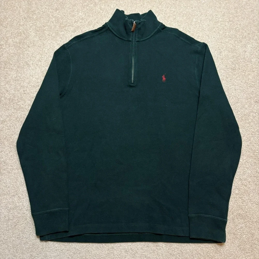 Vtg Polo By Ralph Lauren Sweater Mens Medium Green 1/4 Zip Mock Neck Cotton Pony